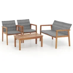 Tangkula 4-Piece Patio Furniture Set PE Rattan Patio Bistro Set With Loveseat Single Chairs & Coffee Table Outdoor Acacia Wood Conversation Set -Tangkula GUEST 935988f3 7065 49cf 96d6 961f2930d9ae
