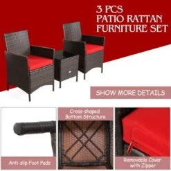 Tangkula 3 Pieces Patio Rattan Conversation Furniture Wicker Chairs With Coffee Table & Cushions Red/Blue/White -Tangkula GUEST 93af2813 3b5a 40d2 81ad a07b0daa3204