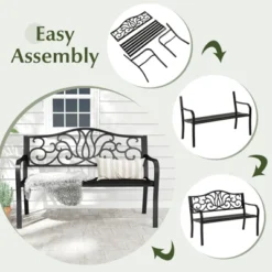 Tangkula 2-person Metal Bench W/ Floral Pattern Slanted Backrest Slatted Surface Black -Tangkula GUEST 93bee386 9643 453f a80b 7295bc87851f