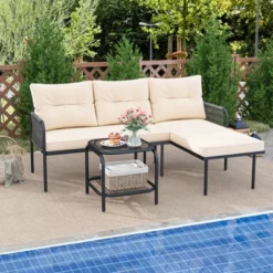 Tangkula 3-Piece L Shaped Patio Furniture Set W/Tempered Glass Table Back & Seat Cushions