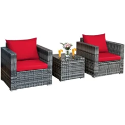 Tangkula 3-Piece Patio Wicker Conversation Set Bistro Rattan Sofa Chair With Washable Cushion -Tangkula GUEST 94935a6b 6eb4 4a7e b1ac 69a247c52bb8