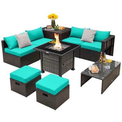 Tangkula 9 Pieces Furniture Set W/ 50,000 BTU Propane Fire Pit Table Patio Turquoise 6 Tangkula 9 Pieces Furniture Set W/ 50,000 BTU Propane Fire Pit Table Patio Turquoise - Image 6