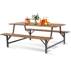 Tangkula 71" Patio Picnic Table Bench Set Outdoor Camping Table Set W/ Acacia Wood Tabletop & Seat 2" Umbrella Hole -Tangkula GUEST 961ea71c 11c4 4e4b b10a 635c10b70b8a