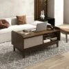 Tangkula Rectangular Coffee Table W/ Storage Weaving Sliding Door & Adjustable Shelf