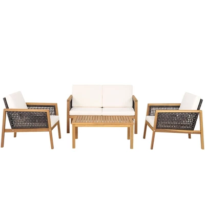 Tangkula 4PCS Patio Acacia Wood Furniture Set PE Rattan Conversation Set W/ Off White Cushions 10 Tangkula 4PCS Patio Acacia Wood Furniture Set PE Rattan Conversation Set W/ Off White Cushions - Image 10