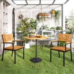 Tangkula Patio Dining Chair Set Of 2 Outdoor Chairs W/Metal And Acacia Wood Frame Armrests All-Weather Bistro Chairs