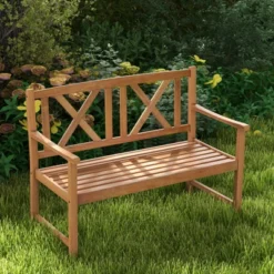 Tangkula 2-Person Acacia Wood Bench Outdoor Slats Loveseat Chair With Armrest Backrest Sturdy Frame 800lbs Load Capacity -Tangkula GUEST 97a89254 67b5 45d6 b4d3 91d6335b66fc