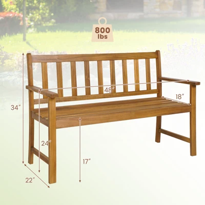 Tangkula 2-Person Outdoor Bench Patio Wooden Bench With Ergonomic Backrest & Armrests All-weather Acacia Wood Frame 48"x 22" 8 Tangkula 2-Person Outdoor Bench Patio Wooden Bench With Ergonomic Backrest & Armrests All-weather Acacia Wood Frame 48"x 22" - Image 8