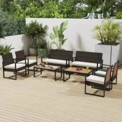 Tangkula Set Of 8 PE Rattan Patio Conversation Set Outdoor Porch Chairs Loveseat With Coffee Table And Soft Cushions Metal Frame