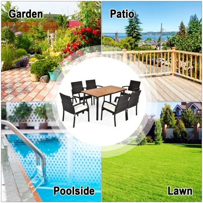 Tangkula 7PCS Patio Rattan Furniture Dining Set Wooden Table Cushioned Chair 6 Tangkula 7PCS Patio Rattan Furniture Dining Set Wooden Table Cushioned Chair - Image 6