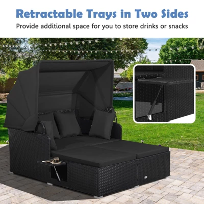 Tangkula Patio Rattan Daybed With Retractable Canopy Wicker Sun Lounger With 2 Foldable Side Panels Thick Seat & Back Cushions 4 Tangkula Patio Rattan Daybed With Retractable Canopy Wicker Sun Lounger With 2 Foldable Side Panels Thick Seat & Back Cushions - Image 4