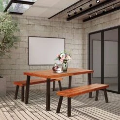 Tangkula 3-Piece Outdoor Acacia Wood Picnic Dining Table And Stool Set With Umbrella Hole