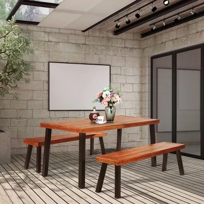 Tangkula 3-Piece Outdoor Acacia Wood Picnic Dining Table And Stool Set With Umbrella Hole 1 Tangkula 3-Piece Outdoor Acacia Wood Picnic Dining Table And Stool Set With Umbrella Hole