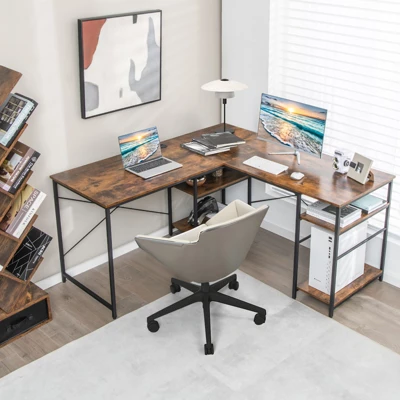 Tangkula Large L-shaped Computer Desk 60” Convertible Corner Desk With 4 Storage Shelves 95” 2-Person Long Study Writing Workstation Black/Rustic Brown/Natural/Grey 3 Tangkula Large L-shaped Computer Desk 60” Convertible Corner Desk With 4 Storage Shelves 95” 2-Person Long Study Writing Workstation Black/Rustic Brown/Natural/Grey - Image 3