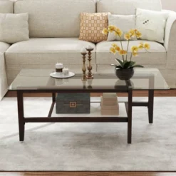 Tangkula 2-Tier Glass Coffee Table W/ Storage Shelf Solid Rubber Wood Legs For Office -Tangkula GUEST 9b344b0f 6a6e 4757 9a24 0efeefacda2c