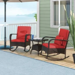Tangkula 3 Piece Outdoor Rocking Set Rattan Rocker Chairs W/ Tempered Glass Coffee Table Red -Tangkula GUEST 9bcbb16e 1688 487f aeb2 7e4f9b122447