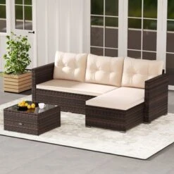 Tangkula 4 Seats Outdoor Patio Furniture Set L-Shaped Couch Set For Yard