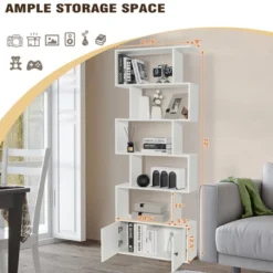 Tangkula 2PCS 6-tier Geometric Bookcase S-shaped Z-shelf Bookshelf Cabinet W/ Doors White -Tangkula GUEST 9d13b01f c3f0 451c 9c89 2f485fe19056