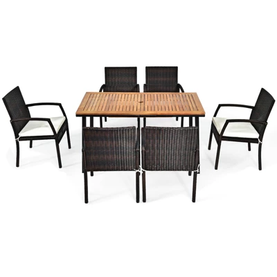 Tangkula 7PCS Patio Rattan Furniture Dining Set Wooden Table Cushioned Chair 7 Tangkula 7PCS Patio Rattan Furniture Dining Set Wooden Table Cushioned Chair - Image 7
