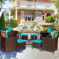 Tangkula 9 PCS Outdoor Patio Dining Set Conversation Furniture W/ Removable Cushions Turquoise
