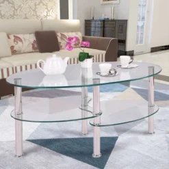 Tangkula Oval Dining Table Tempered Glass Top Tea Table Chrome Base Living Room