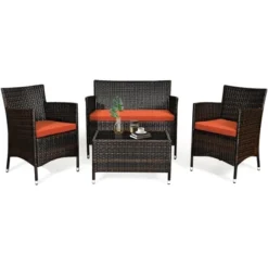 Tangkula 4PCS Patio Rattan Conversation Furniture Set Outdoor W/ Orange Cushion -Tangkula GUEST 9f0cda62 9518 4bcb 973d 6257286287e1