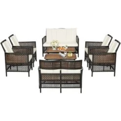 Tangkula 8PCS Cushioned Patio PE Wicker Conversation Furniture Set W/ Acacia Wood Tabletop -Tangkula GUEST 9f23d15d 9e6b 4b13 b5a9 2db671551548