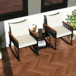 Tangkula 3 PCS Patio Rocking Bistro Set Outside Wicker Rockers W/ 2-Tier Tempered Glass Coffee Table