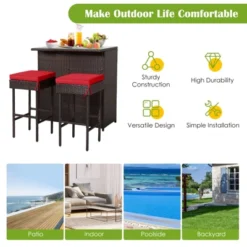 Tangkula 3PCS Patio Wicker Rattan Bar Set Table W/2 Cushioned Stools -Tangkula GUEST a02222c0 e377 4ecd be38 c74ef4617700