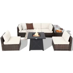 Tangkula 7PCS Rattan Patio Sectional Furniture Set W/ 30" Fire Pit Table & Cushion -Tangkula GUEST a0a44be9 9630 4aa5 b846 f2089f147328