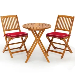 Tangkula 3PCS Folding Acacia Wood Bistro Set Patio Conversation Set W/ Red Cushions -Tangkula GUEST a202f9f5 667a 4949 b43e 6628ac03b317