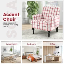 Tangkula Modern Accent Armchair Upholstered Single Sofa Chair W/ Rubber Wood Legs Red Checkerboard -Tangkula GUEST a352f1e5 7903 47ed a096 5674539fd85e