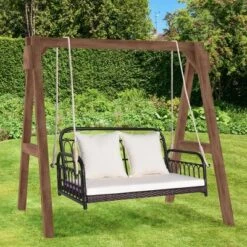 Tangkula Wicker Porch Swing 2-Person Outdoor Patio Hanging Chair W/ Cushions Mix Brown