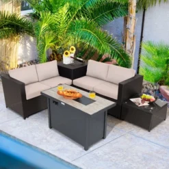 Tangkula 5PCS Patio Rattan Furniture Set Fire Pit Table W/ Cover Storage Cushion