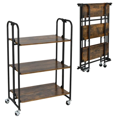 Tangkula 3-Tier Folding Bar Cart Kitchen Serving Island Utility Cart Storage Shelves 7 Tangkula 3-Tier Folding Bar Cart Kitchen Serving Island Utility Cart Storage Shelves - Image 7