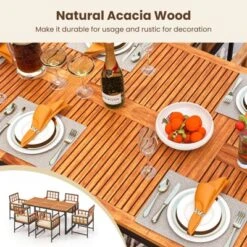 Tangkula 7PCS Dining Set Outdoor Acacia Wood Table W/ Soft Cushions Umbrella Hole Patio