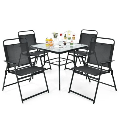 Tangkula 6-Piece Patio Dinning Sets Garden Table Set Outdoor Folding Chairs & Glass Table Set W/ Umbrella Grey 9 Tangkula 6-Piece Patio Dinning Sets Garden Table Set Outdoor Folding Chairs & Glass Table Set W/ Umbrella Grey - Image 9
