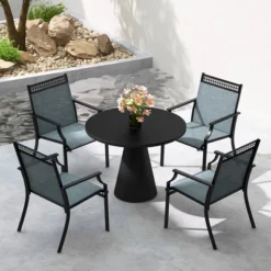 Tangkula Patio Dining Chairs Set Of 4 All Weather Outdoor Chairs W/ High Back & Armrests Blue