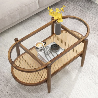 Tangkula 2-Tier Acacia Wood Coffee Table Mid-Century Modern Rectangular Center Table With Glass Tabletop And Imitation Rattan Storage Shelf 2 Tangkula 2-Tier Acacia Wood Coffee Table Mid-Century Modern Rectangular Center Table With Glass Tabletop And Imitation Rattan Storage Shelf - Image 2