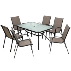 Tangkula 7PCS Patio Dining Furniture Set W/ 6 Stackable Armchairs & Umbrella Hole -Tangkula GUEST a77a4b37 0edd 4be6 b76d fef3f8c8fcf9