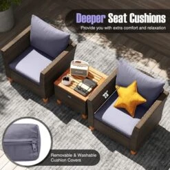 Tangkula Set Of 3 Rattan Bistro Furniture Set Solid Acacia Wood Table Top Cushioned Sofa Patio -Tangkula GUEST a7e6d752 cbf9 4a50 b8b7 450d3141590b