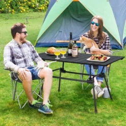 Tangkula Folding Camping Table Collapsible Aluminum Roll Up Beach Table With Carrying Bag 4-Level Adjustable Height Dark/Silver