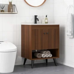 Tangkula 25 Inch Wooden Bathroom Vanity Sink Combo With Open Shelf & Sink & Pop Up Drain