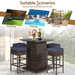 Tangkula Tangkula 5PCS Patio Bar Set Rattan Bar Furniture Set W/ Table & 4 Cushioned Stools Navy 16 Tangkula Tangkula 5PCS Patio Bar Set Rattan Bar Furniture Set W/ Table & 4 Cushioned Stools Navy -Tangkula GUEST a87be921 e220 4800 ae92 d6592ed76963