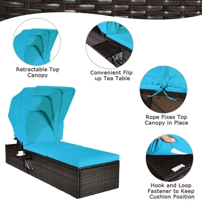 Tangkula 2PCS Rattan Patio Chaise Lounge Chair W/ Adjustable Canopy Turquoise Cushion 5 Tangkula 2PCS Rattan Patio Chaise Lounge Chair W/ Adjustable Canopy Turquoise Cushion - Image 5