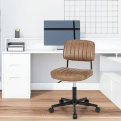 Tangkula Leisure Office Chair Mid-back Swivel Task Chair PU Leather Adjustable Armless Chair Retro Design Black / Brown