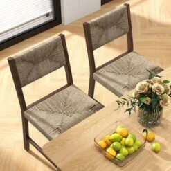 Tangkula Wooden Dining Chair Set Of 2 W/ Natural Weave Seagrass Rattan Backrest & Seat