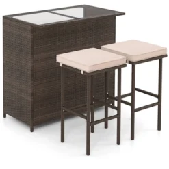 Tangkula 3 Pieces Patio Bar Set PE Wicker Outdoor Bar Table & Stools Set W/ Removable Cushions -Tangkula GUEST aa225663 02c4 4440 91c2 5713957c4320