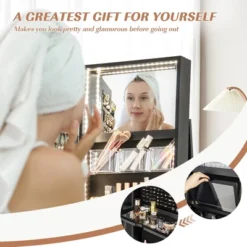 Tangkula 360° Rotating Mirrored Jewelry Cabinet Armoire 3 Color LED Modes Lockable Black -Tangkula GUEST aa7ff2e4 dfbd 4439 b413 fff75d3ec04b