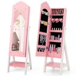 Tangkula Kids Jewelry Armoire Cabinet Freestanding Full Length Dressing Mirror With Large Capacity Pink/White -Tangkula GUEST aaaf8f8b bb4f 42ff a94d 6b88ca5307c9